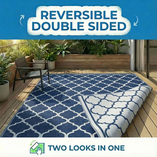 Outdoor Area Rug Waterproof Foldable Picnic Mat for Patio Balcony RV Camping Beach Garden – Blue Clover & Gray, Multiple Sizes