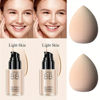 Moisturizing BB Cream Liquid Foundation Set 2-Piece with Makeup Sponge — Flawless Long-Lasting Medium Coverage Skin-Isolating Concealer for All Skin Types Women Natural & Light Beige Shades