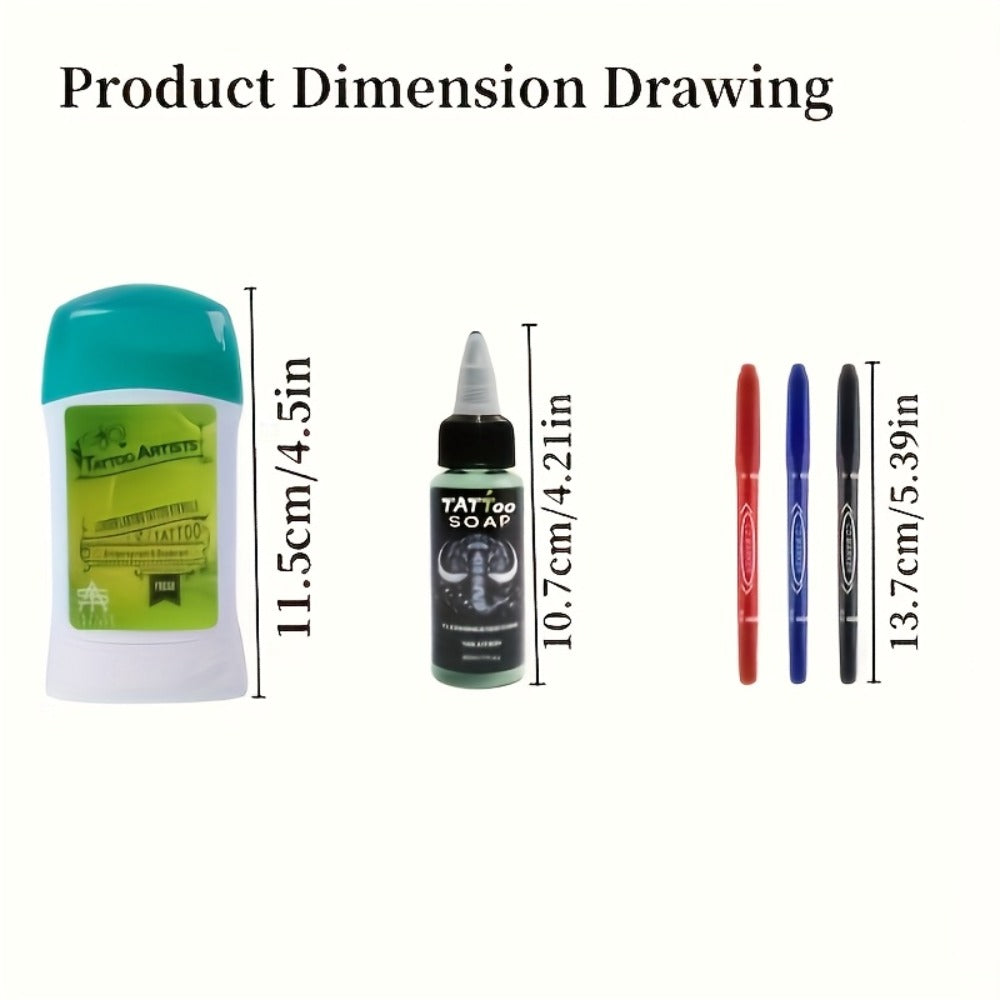 Tattoo Transfer Kit Complete Set with Ink Gel Green Soap Solution & Stencil Markers — Beginner & Professional Temporary Tattoo Art Supplies 6 Piece & 12 Piece Travel Friendly