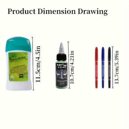 Tattoo Transfer Kit Complete Set with Ink Gel Green Soap Solution & Stencil Markers — Beginner & Professional Temporary Tattoo Art Supplies 6 Piece & 12 Piece Travel Friendly