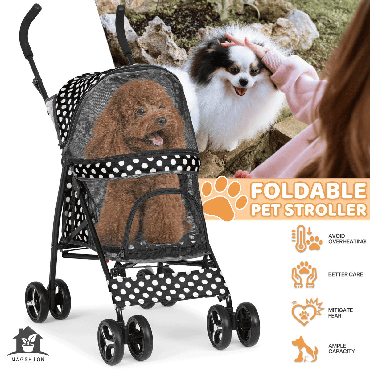 Four-Wheel Pet Stroller with Mesh Cabin, Folding Frame, Lower Basket and Ten Color or Print Options
