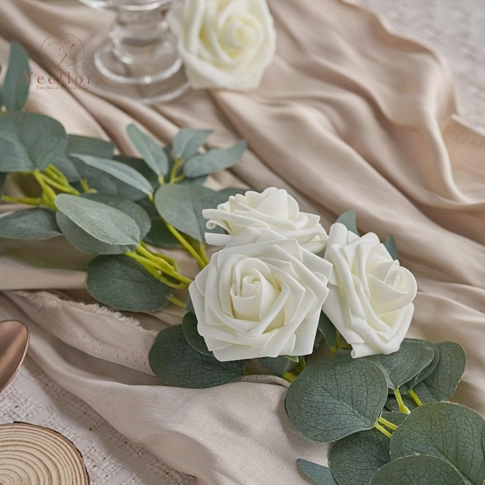 Artificial Flowers 50-Piece White Silk-Style Rose Set with Stems for Wedding Bouquets and DIY Decor