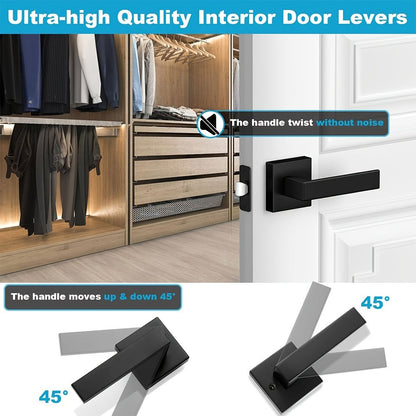 Matte Black Square Door Handle Set – Interior Passage Door Knob for Hall & Closet, Heavy-Duty Left & Right Hand Compatible, Modern Hardware