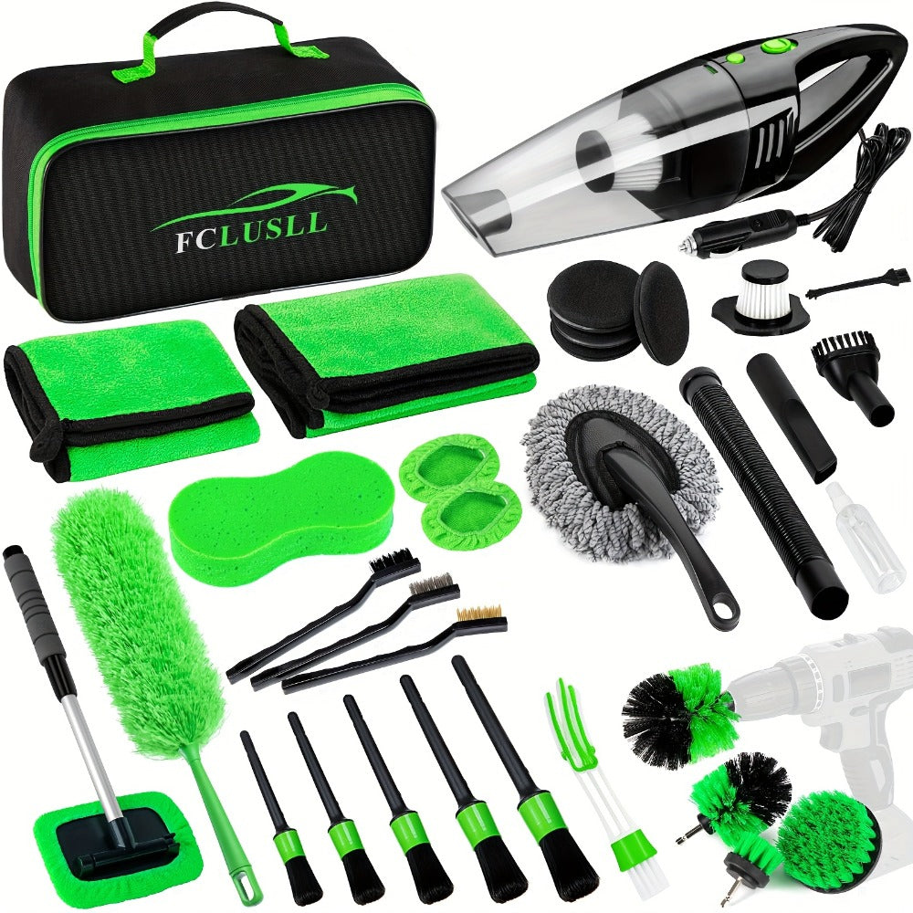 Car Cleaning Kit with Portable Vacuum Cleaner – 17/24/29/32/35pcs Interior Detailing Set with Windshield Cleaner, Drill Brush Set & Interior Brush Set – Complete Auto Care Kit
