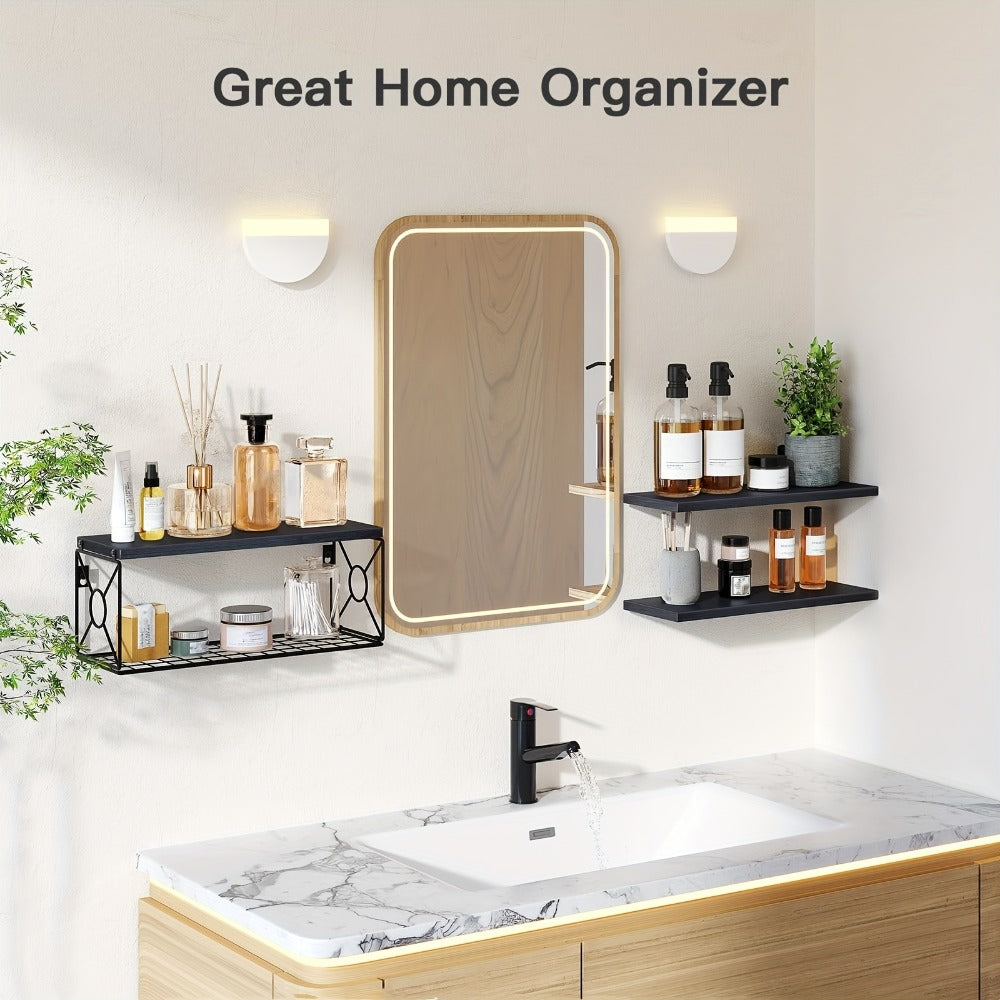 Floating Shelves Over Toilet 3-Piece Set | Farmhouse Bathroom Wall Mounted Storage Shelf for Toilet Paper, Towels & Decor – Black, Brown, Burlywood