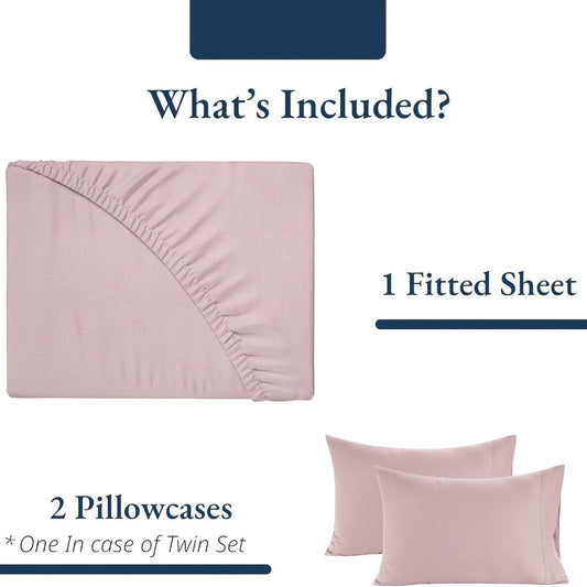 Bamboo Fitted Sheet Set 3-Piece – Cooling Breathable Soft Deep Pocket Bed Sheets, Twin Full Queen King, 12 Colors – Fits Mattress Up to 15"