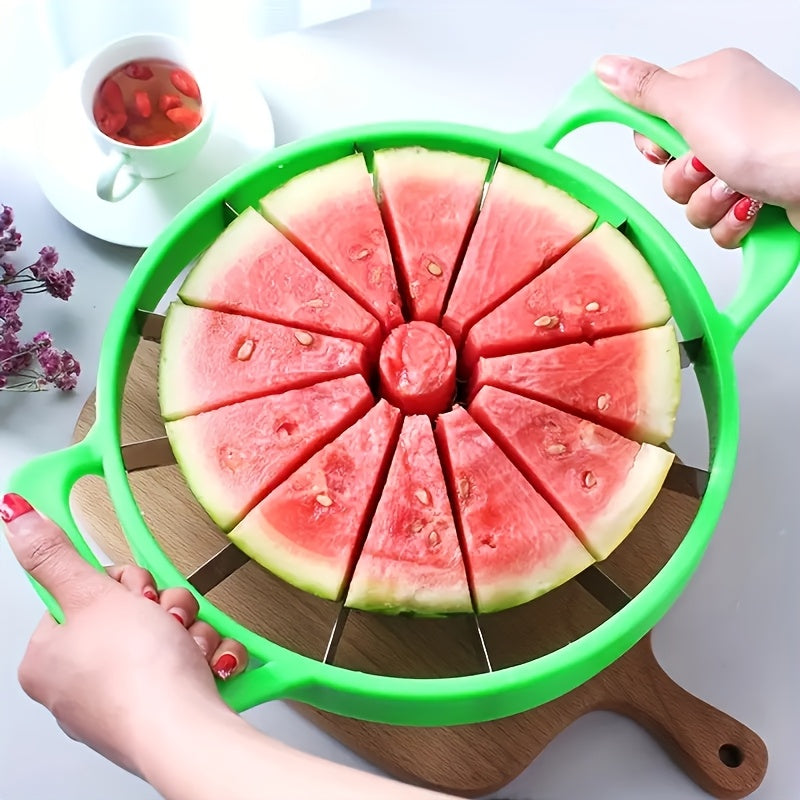 Round Watermelon Slicer Tool with Dual Green Handles, Central Coring Ring and Radial Metal Cutters