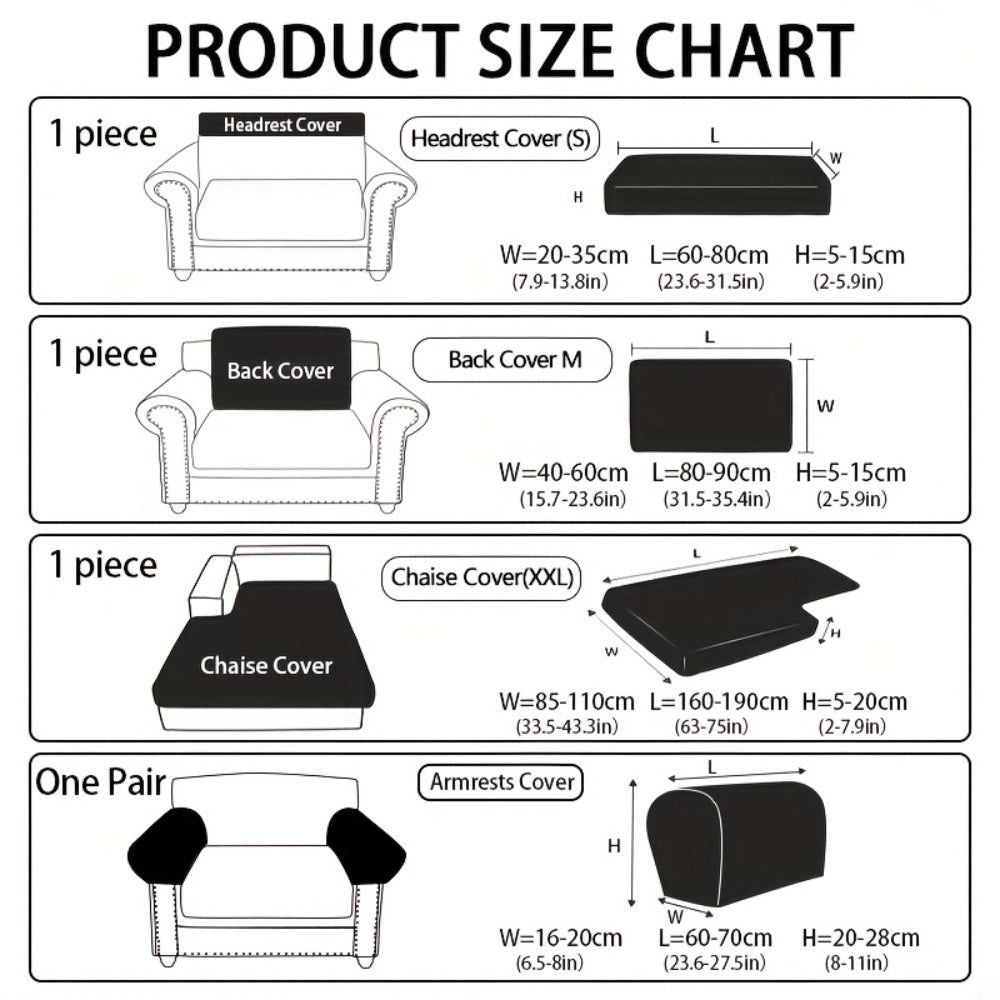 Sofa Cover, Deep Gray Stretch Seat and Chaise Slipcover with Elastic-Band Edge in Six Size Options