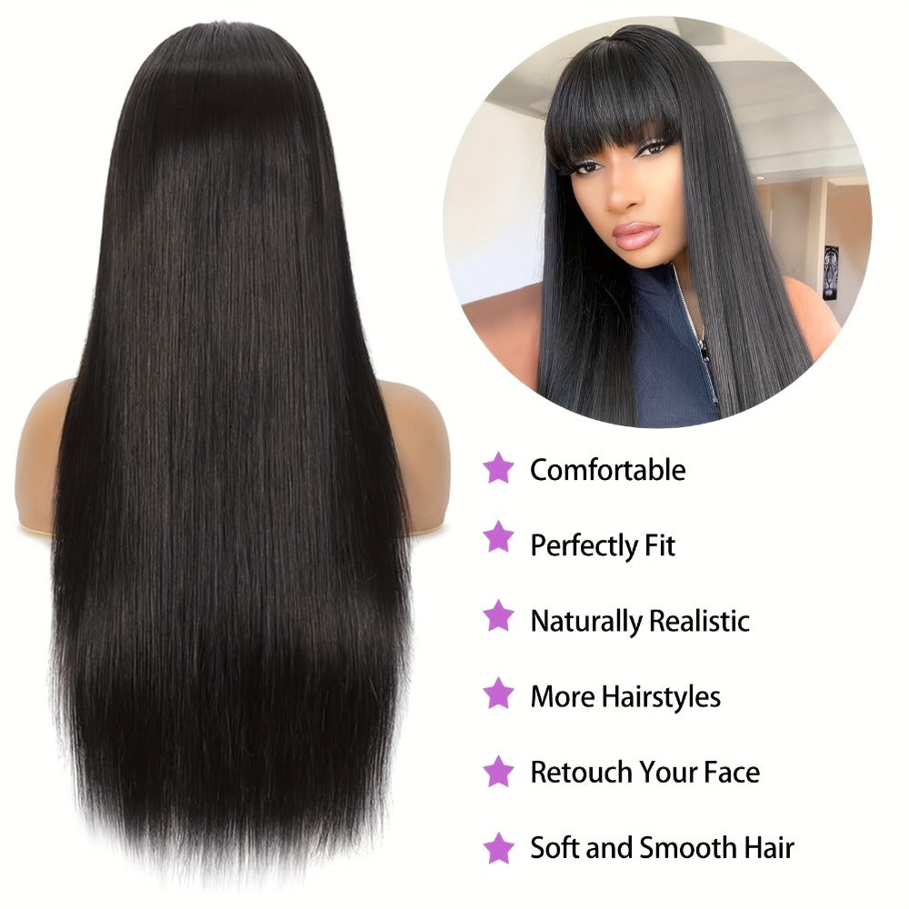 Synthetic Wig 26-Inch Black Straight Style with Full Bangs, Heat-Resistant Fiber and Machine Cap