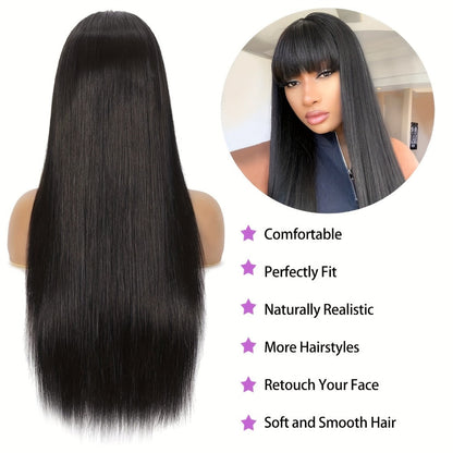 Synthetic Wig 26-Inch Black Straight Style with Full Bangs, Heat-Resistant Fiber and Machine Cap