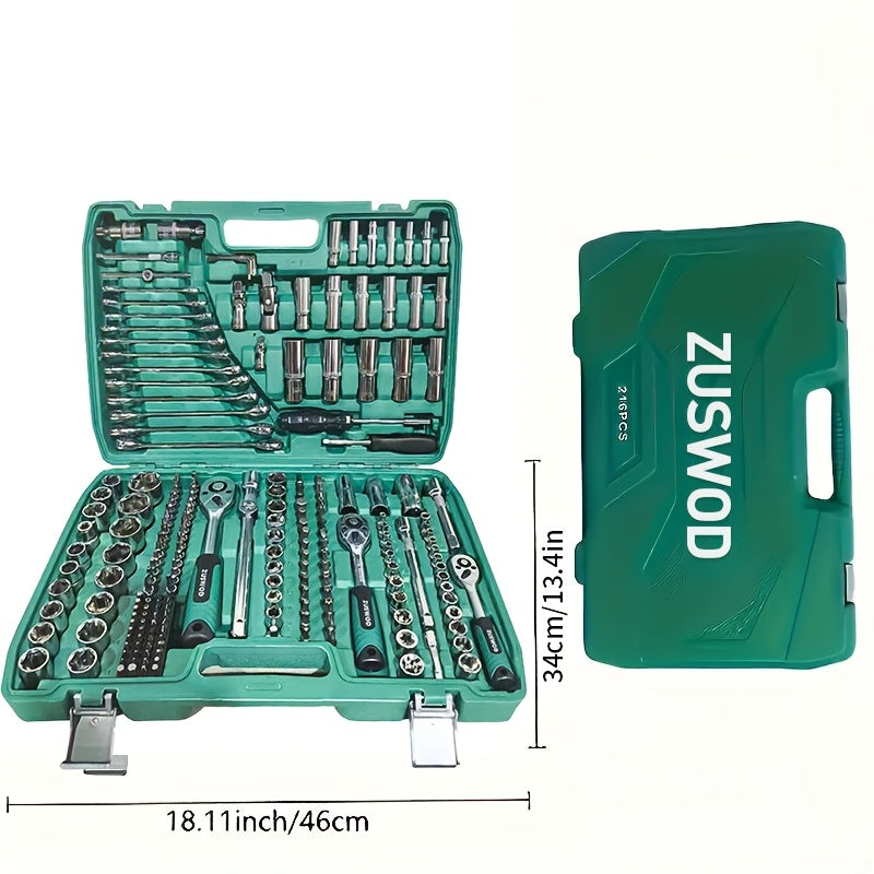 216-Piece Professional Socket Set 1/4" 3/8" 1/2" Drive - S2 & CR-V Steel Ratchet Wrench Kit with Deep & Standard Sockets for Auto Repair Automotive Mechanic