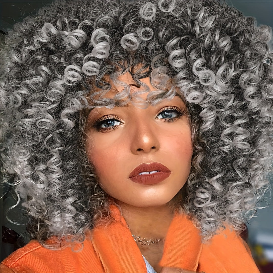 Afro Kinky Curly Wig for Black Women Short Synthetic Hair with Bangs 180% High Density Natural Fluffy Curls Stretch Cap Daily Wear Party Cosplay Fits All Head Sizes