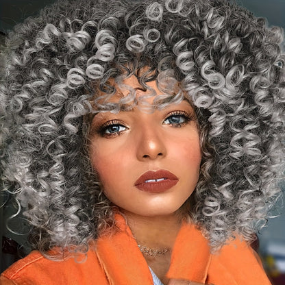 Afro Kinky Curly Wig for Black Women Short Synthetic Hair with Bangs 180% High Density Natural Fluffy Curls Stretch Cap Daily Wear Party Cosplay Fits All Head Sizes
