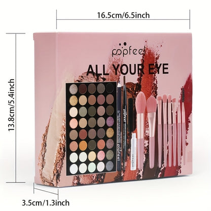 Makeup Kit with 40-Color Eyeshadow Palette, Mascara, Eyeliner, Eyebrow Pencil and Pink-Handled Brushes