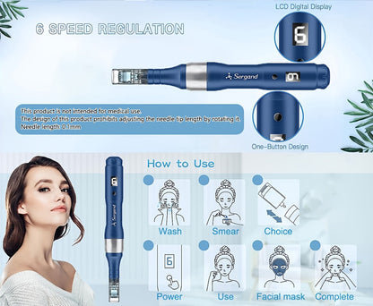 Electric Derma Pen Microneedling Device – Professional 6-Speed Wireless Adjustable Dermapen with 20pcs Replacement Cartridges, Anti-Aging Skin Rejuvenation Microneedle Pen for Face & Body, Gift for Women