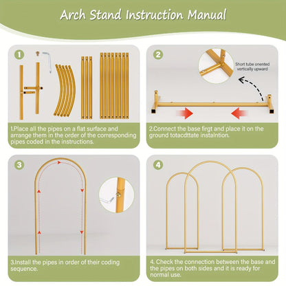 Three-Piece Gold Metal Arch Backdrop Set with 7.2FT, 6.6FT and 6FT Frames plus Seven Balloon Clips