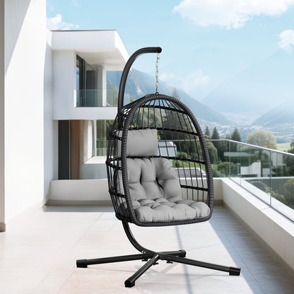 Rattan Wicker Hanging Egg Chair with Stand, Aluminum Frame and 11 Cushion and Size Options