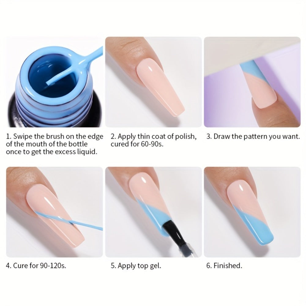 Reflective Liner Nail Art Gel Six-Bottle Set with 5ml CR01 to CR06 Colors and Slim Brushes for Detail Lines