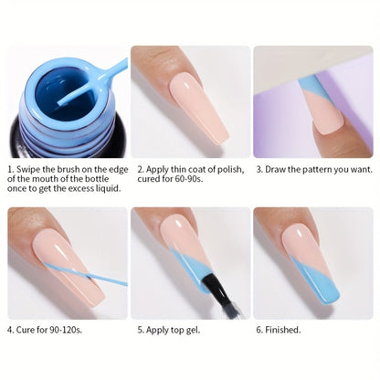Reflective Liner Nail Art Gel Six-Bottle Set with 5ml CR01 to CR06 Colors and Slim Brushes for Detail Lines