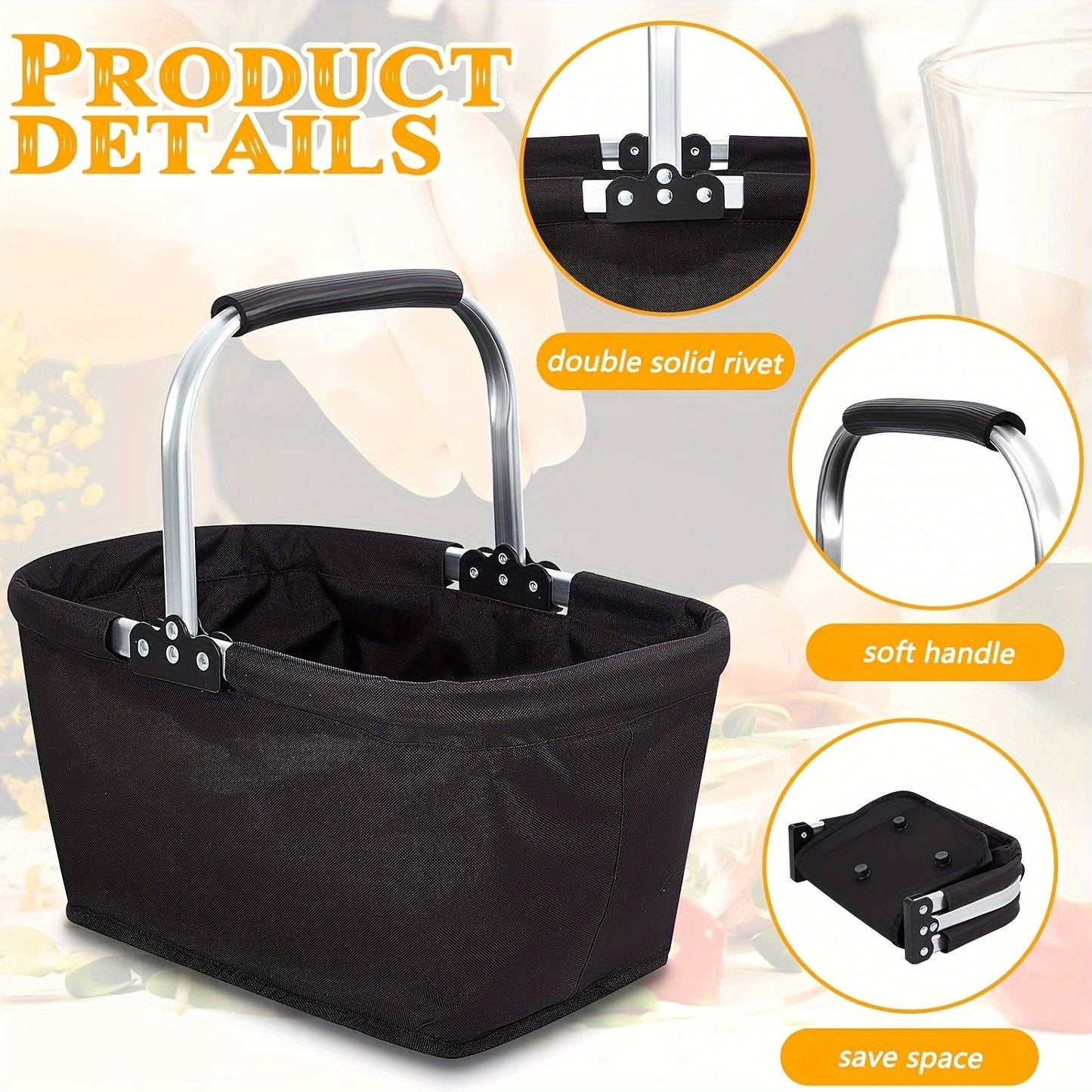 Foldable Insulated Picnic Tote Basket with Oxford Cloth Body, Aluminum Frame and Zippered Pocket
