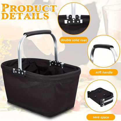 Foldable Insulated Picnic Tote Basket with Oxford Cloth Body, Aluminum Frame and Zippered Pocket