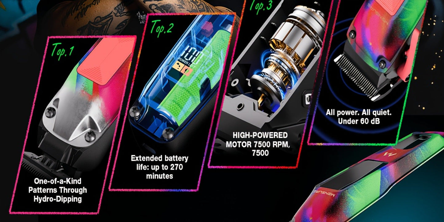 Graffiti Hair Clipper Kit with 7500 RPM Motor, Ten Color-Coded Guide Combs, Storage Case and Grooming Accessories
