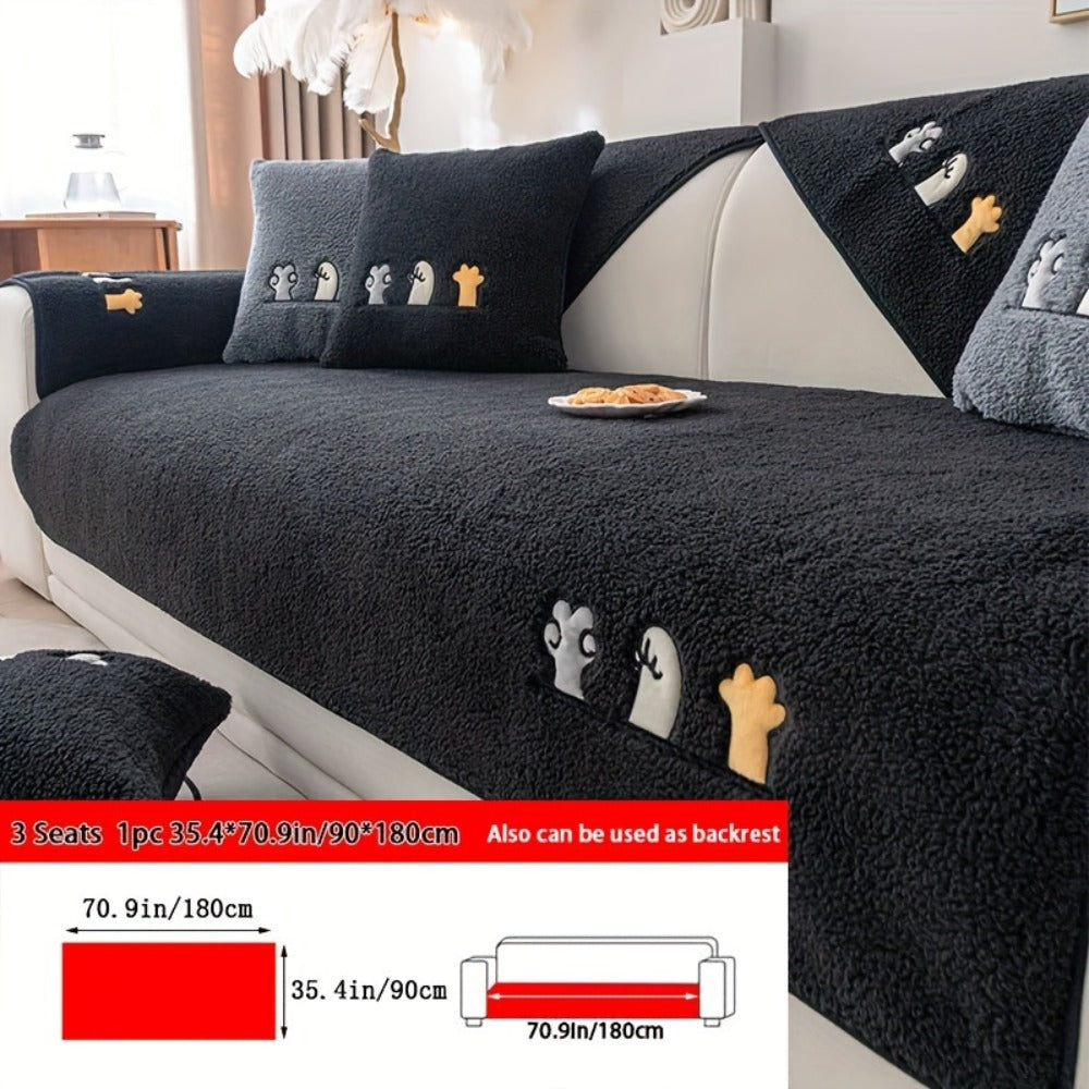 Sofa Cover Thick Plush Shearling Panels with Animal and Bone Embroidery and Non-Slip Feature for 2 to 4 Seats