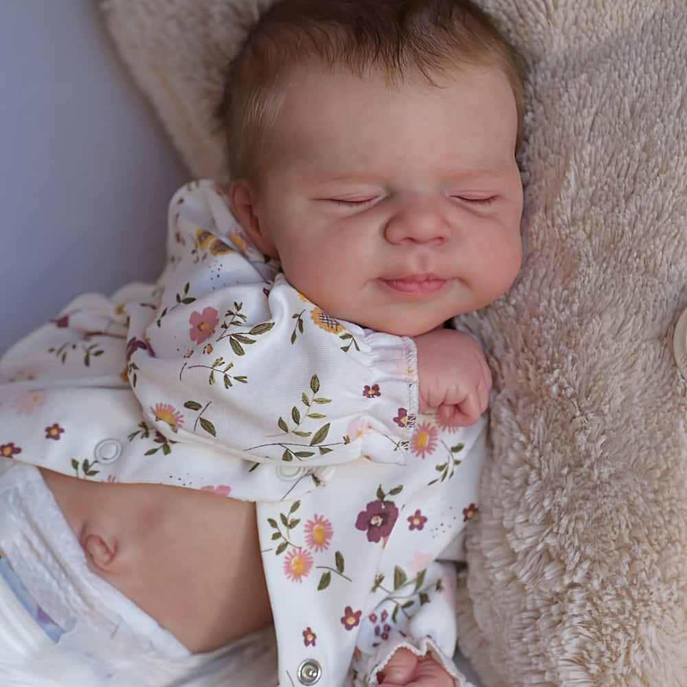 Reborn Doll, 19-Inch Full-Vinyl Sleeping Figure with Hand-Rooted Hair and Floral Outfit Set