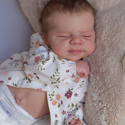 Reborn Doll, 19-Inch Full-Vinyl Sleeping Figure with Hand-Rooted Hair and Floral Outfit Set