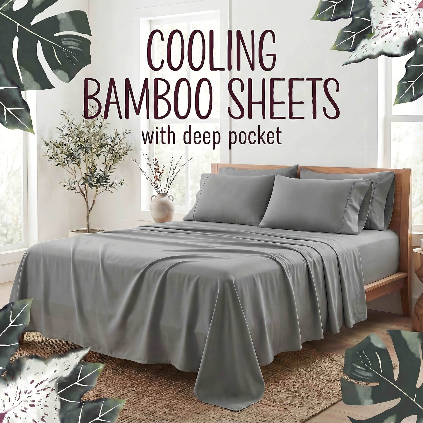 Bed Sheet Set 4-Piece Bamboo Fiber with Deep-Pocket Fitted Sheet, Four Sizes and Twelve Color Options
