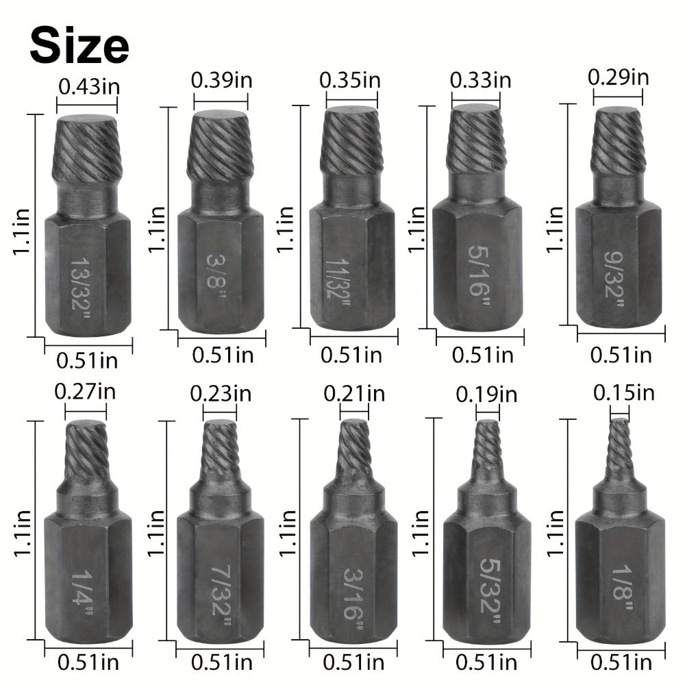 Ten-Piece Screw Extractor Set with Left-Hand Spiral Heads, Hex Drive Ends and Sizes from 1/8 to 13/32 Inch