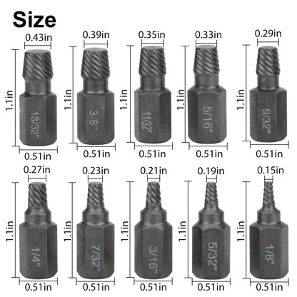 Ten-Piece Screw Extractor Set with Left-Hand Spiral Heads, Hex Drive Ends and Sizes from 1/8 to 13/32 Inch
