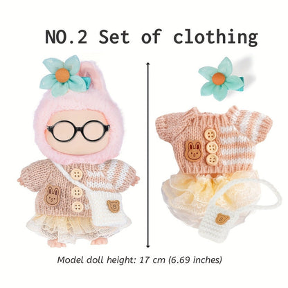 Three-Set Doll Clothes Collection for 17cm Plush Dolls with Knit Tops, Tulle Skirts, Hair Accents and Bags