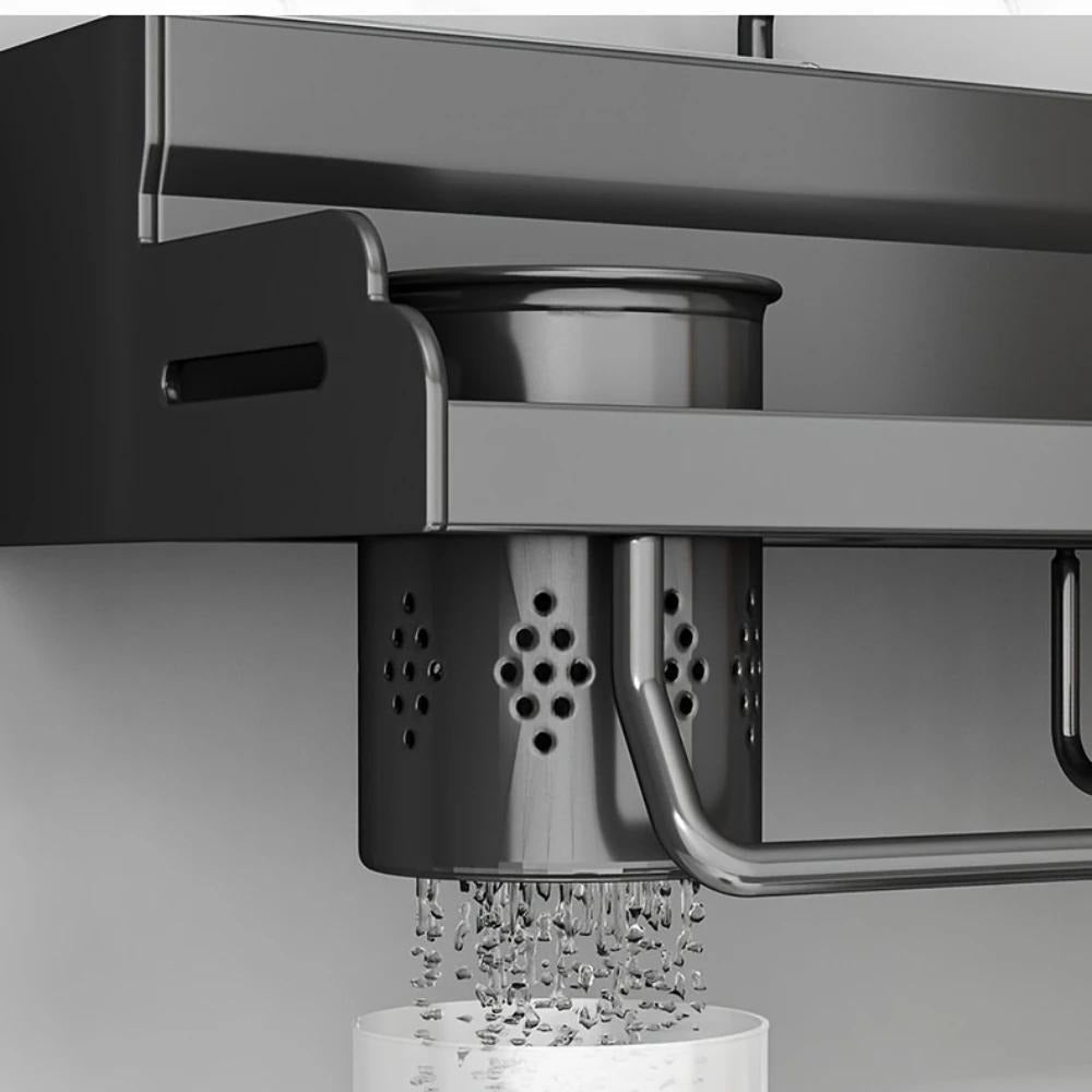 Kitchen Wall Mounted Storage Rack Double Layer – No-Drill Organizer with Knife Slots, Chopstick Holder & Towel Bar, Space-Saving Floating Shelf for Kitchen Counter, 19.69 Inch (Black)