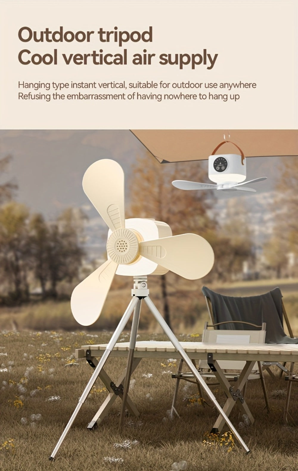 Portable Fan, USB-Powered Hanging Tent Model with Remote Control, LED Light and Optional Triangular Stand