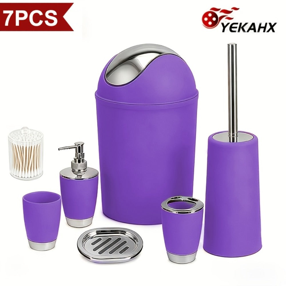 Seven-Piece Bathroom Accessory Set with Waste Bin, Toilet Brush, Dispenser and Containers in Seven Colors