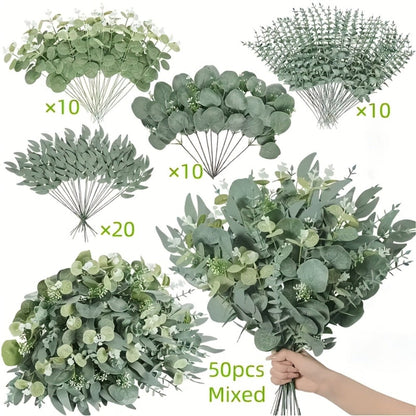 Artificial Flowers Eucalyptus Stem Set in 50 or 56 Pieces with Four Leaf Varieties and White Accents
