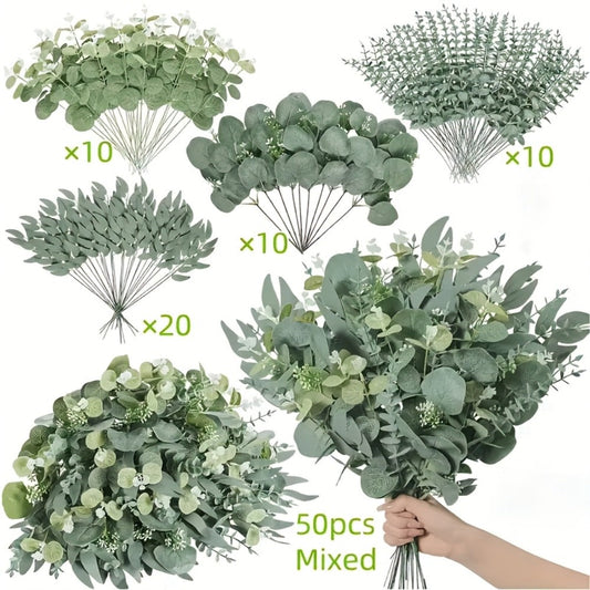 Artificial Flowers Eucalyptus Stem Set in 50 or 56 Pieces with Four Leaf Varieties and White Accents