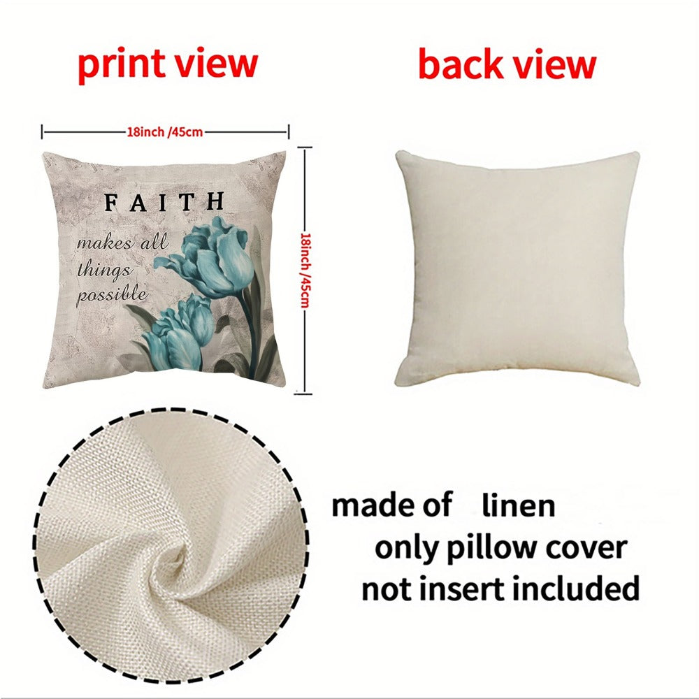 Four-Piece Teal Floral Pillow Cover Set, 18 x 18 Inches with Tulip Prints and Inspirational Words