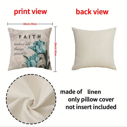 Four-Piece Teal Floral Pillow Cover Set, 18 x 18 Inches with Tulip Prints and Inspirational Words