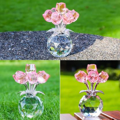 Artificial Flowers Crystal-Look Mini Rose Arrangement with Faceted Display Base in Four Color Options