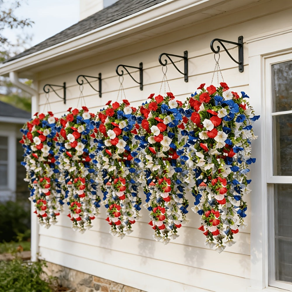 Artificial Flowers Six-Piece Hanging Morning Glory Vine Set in Red White and Blue for Seasonal Decor