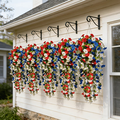 Artificial Flowers Six-Piece Hanging Morning Glory Vine Set in Red White and Blue for Seasonal Decor