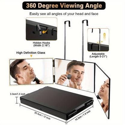 Three-Way Hair Cutting Mirror with Folding Panels, Adjustable Door Hooks and LED, Non-LED or Two-Pack Options