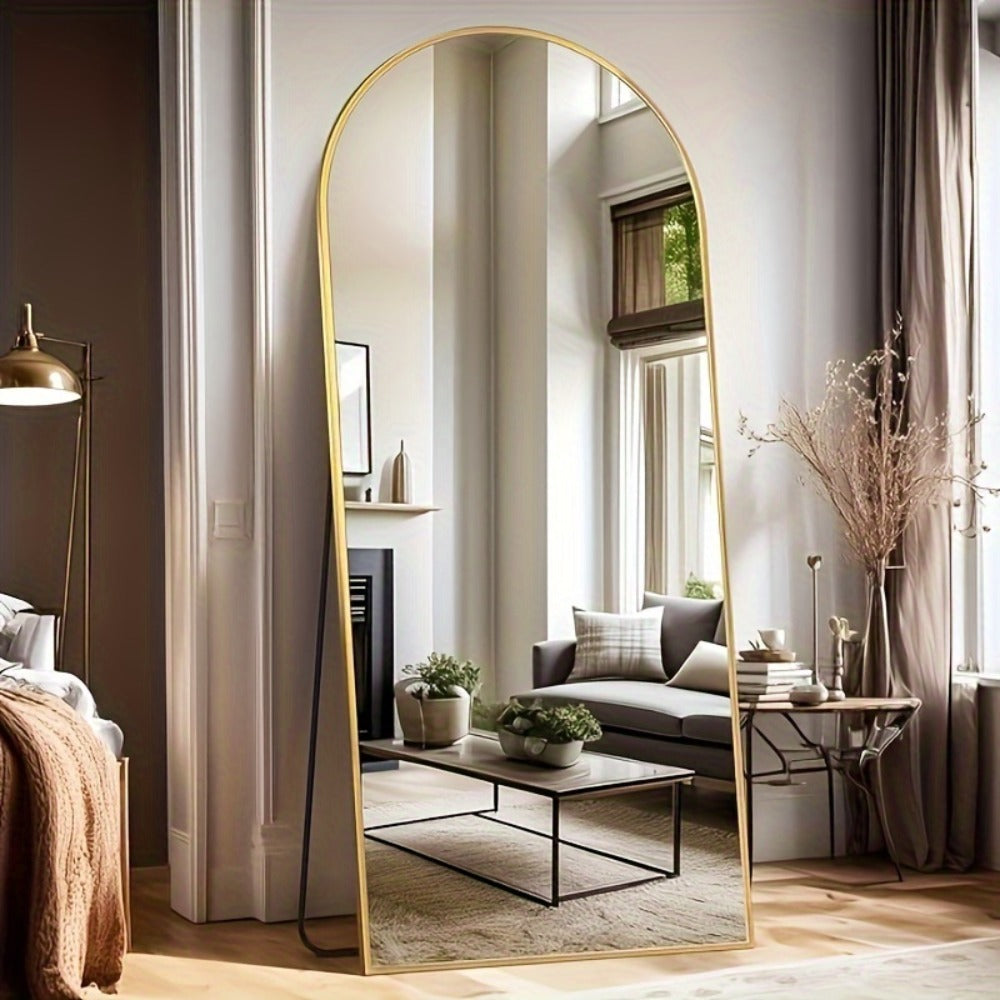 Large 68 × 26 Inch Black Arched Full-Length Floor Mirror with Slim Frame and Freestanding Support