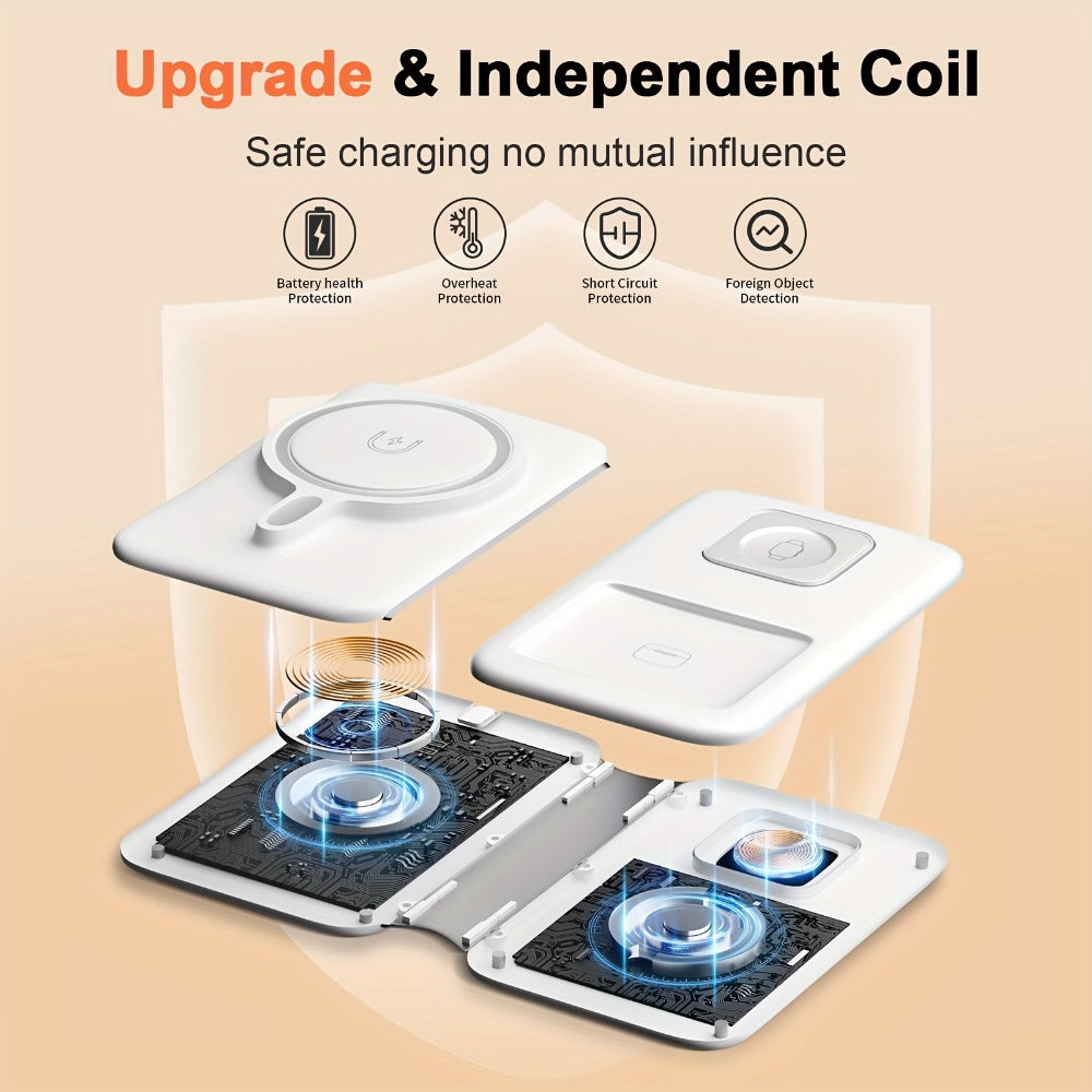 Foldable Three-Device Wireless Charging Station for Phone, Watch and Earbuds with Magnetic Supports