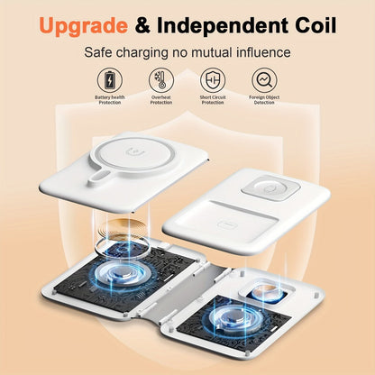 Foldable Three-Device Wireless Charging Station for Phone, Watch and Earbuds with Magnetic Supports