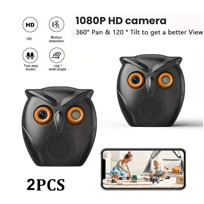 Owl-Shaped Home Security Camera 2-Pack, HD Surveillance, Smart Human Detection, USB Powered, Wireless Indoor Monitoring, Motion Alarm, Cute Design for Home Small Store Office Apartment Security