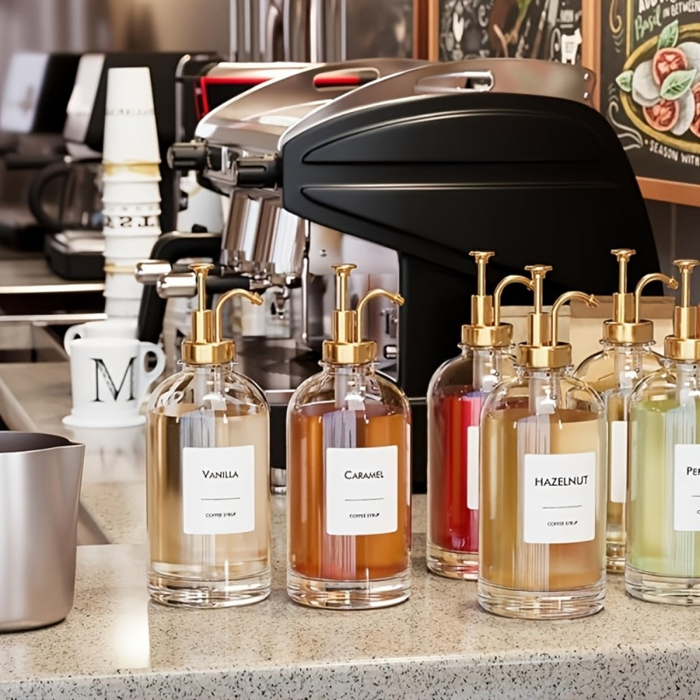 Four-Piece 16.9-Ounce Glass Coffee Syrup Dispenser Set in Gold, Silver or Black Pump Options