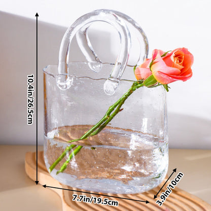 Clear Bubble Glass Purse Vase with Handbag Handles, 1- or 2-Piece Set and 10.4-Inch Height